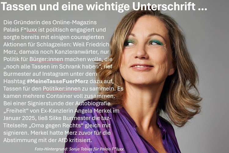 Silke Burmester setzt sich mit Erfolg für die Sichtbarkeit von Frauen ab 47 in Medien, Politik und Gesellschaft ein. Und gegen so manche "Breitbeinigkeit". Foto: Sonja Tobias für Palais F*luxx, Textmontage: Medien.Bayern GmbH